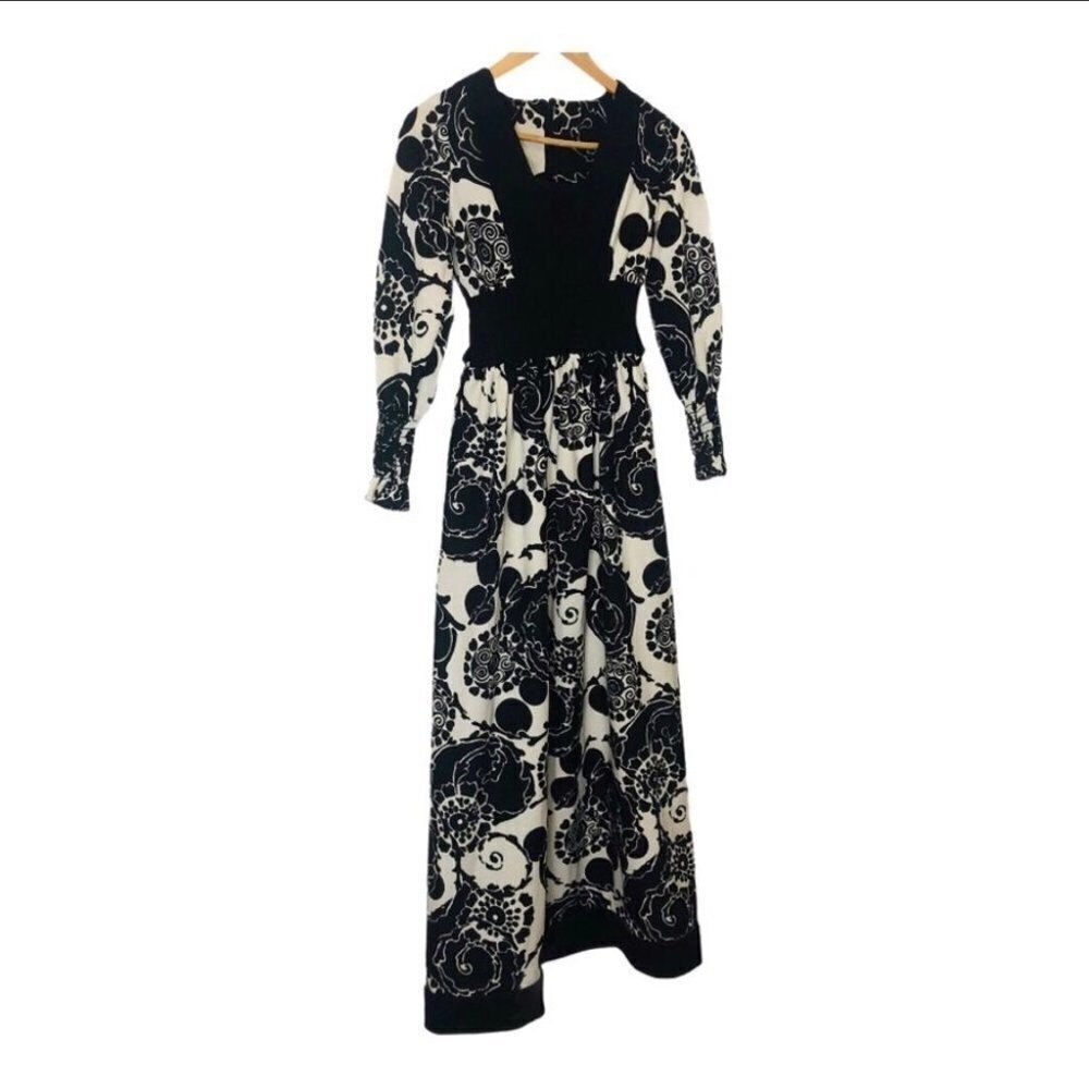 Vintage 60’s Union Label Black & White Long Sleeve Maxi Cottagecore Dress - Picture 2 of 10